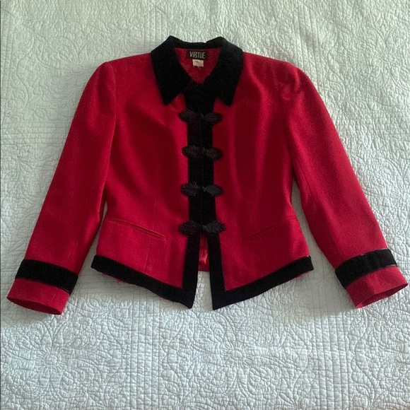 Vintage Jackets & Blazers - Vintage Red and Black Velvet Blazer with Cropped Design
